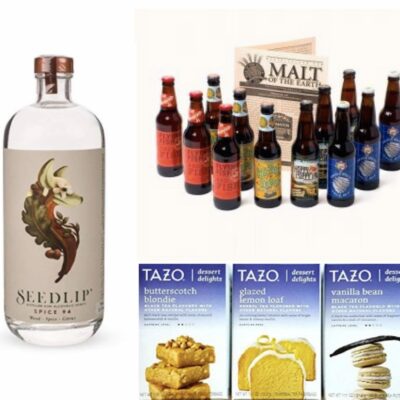 bottle of spirits bottles of beer and 3 boxes of tea