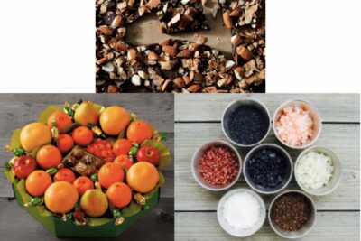 chocolate bark citrus fruit in the shape of a wreath and gourmet salts