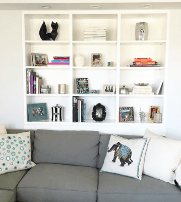 styled bookshelves with black fox