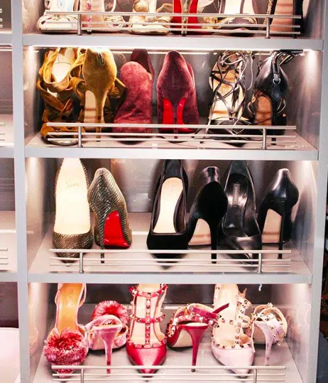 fancy high heel shoes in a closet