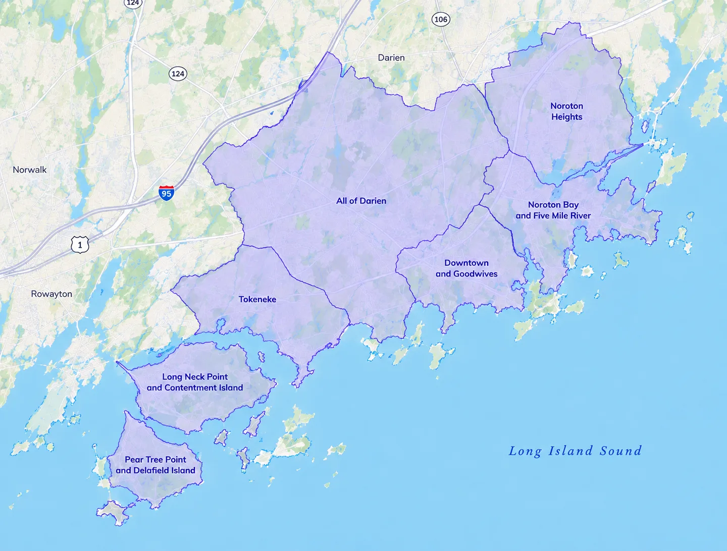 Darien coastal service map Map of Darien, CT showing the neighborhoods we serve for move management
