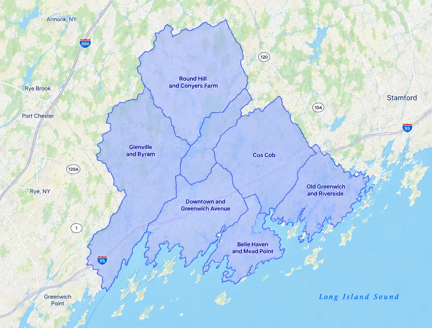 Greenwich neighborhood zones map Map of Greenwich, CT showing the neighborhoods we serve for move management