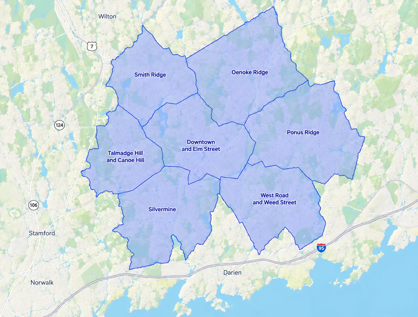 New Canaan neighborhood regions map Map of New Canaan, CT showing the neighborhoods we serve for move management