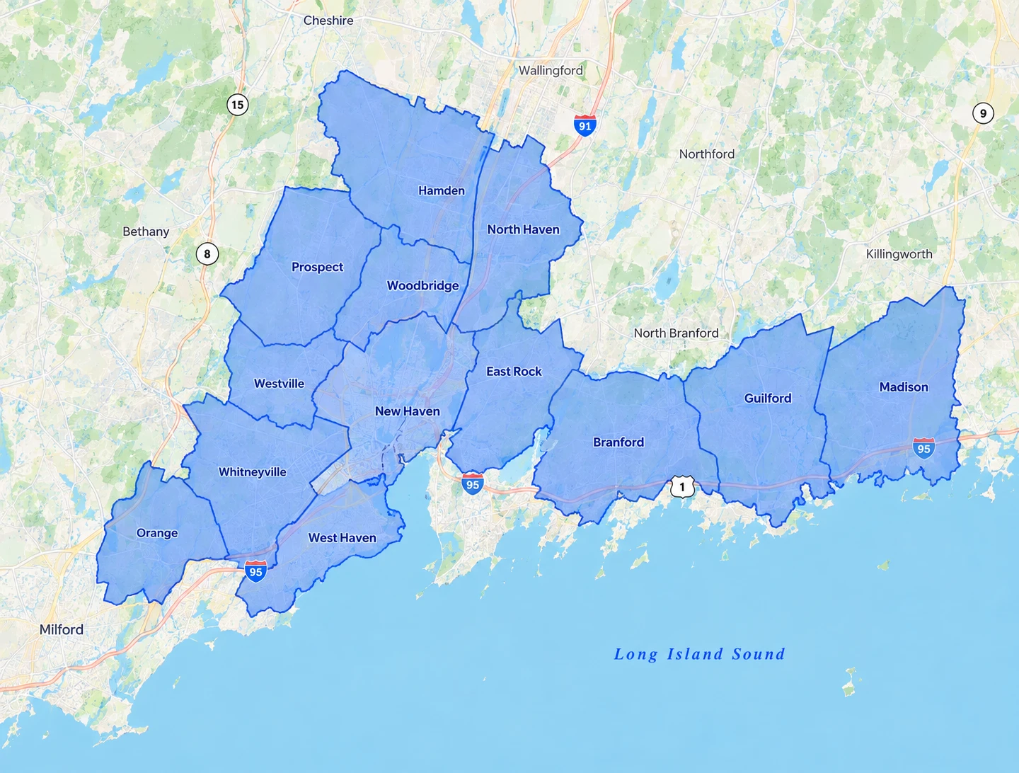 Map of Greater New Haven showing the towns served for home sale preparation, including New Haven, Hamden, North Haven, Woodbridge, Branford, Guilford and Madison