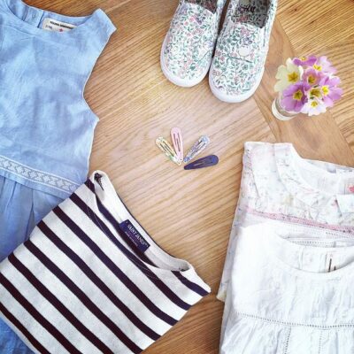 declutter spring wardrobe with shoes, shirt and flowers