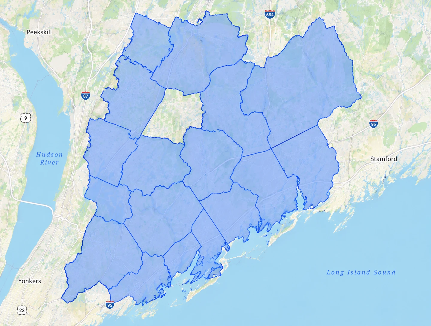 Map of Westchester County with the towns served for home sale preparation shaded in blue